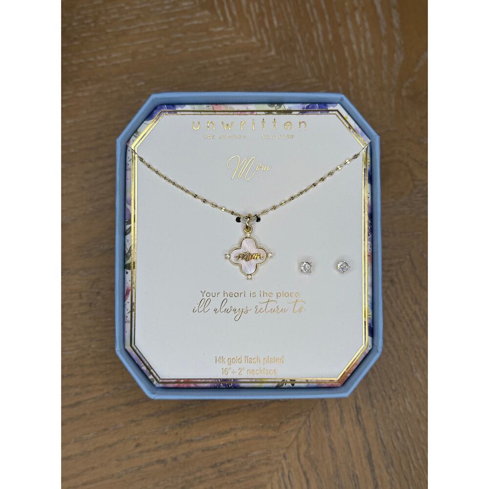 Unwritten Mom Necklace Set 14K Gold Plated Pendant + Stud Earrings Gift Set New